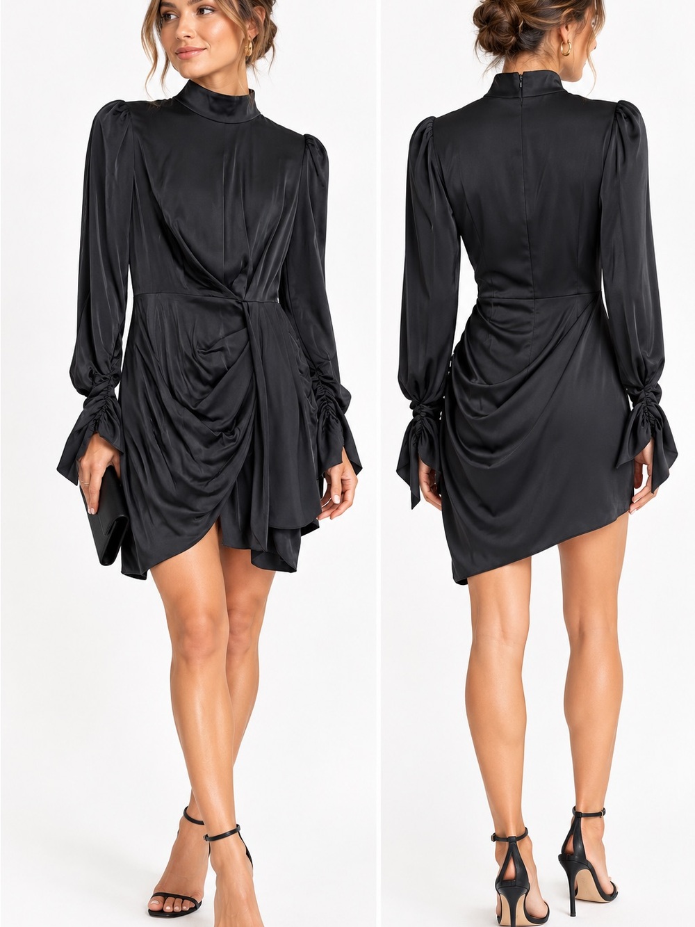 Zimmermann Black Silk Draped Mini Dress High Neck Long Sleeve Size 0
